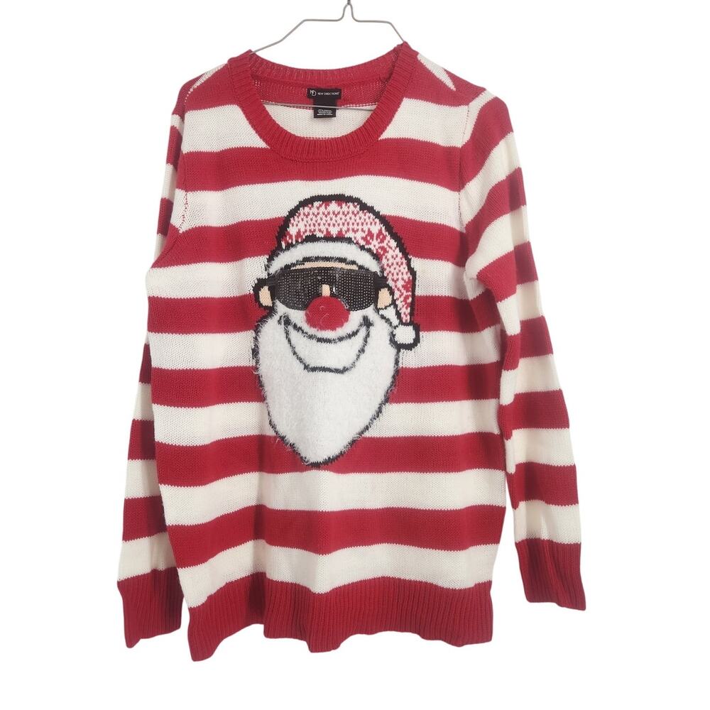 New Directions Red and White Striped Santa Ugly Christmas Sweater Womens Large L